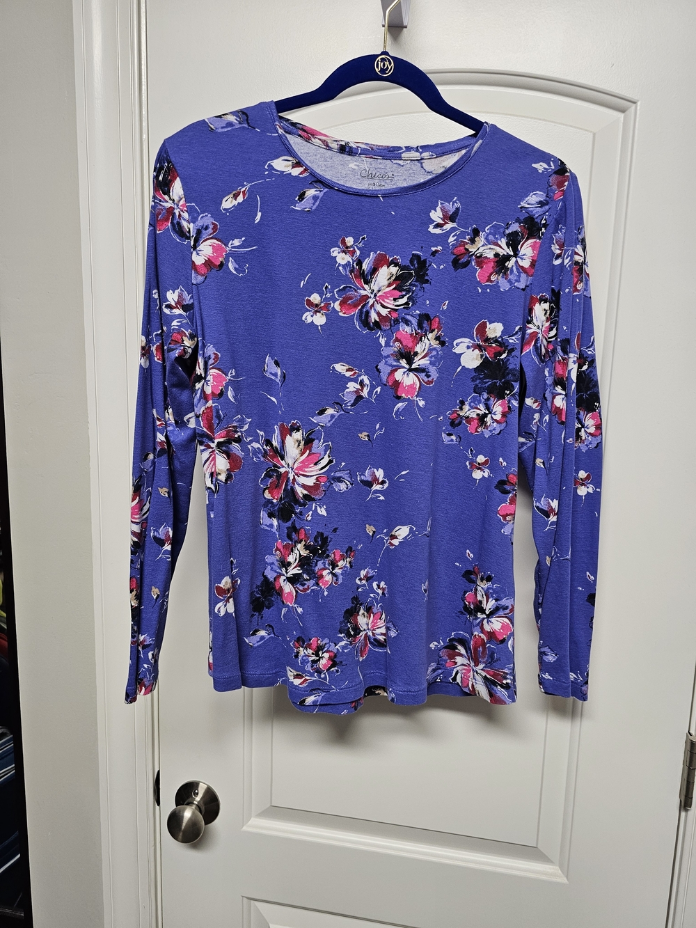 Chico's Purple Scoop-Neck Floral Top with Pink & Cream Accents